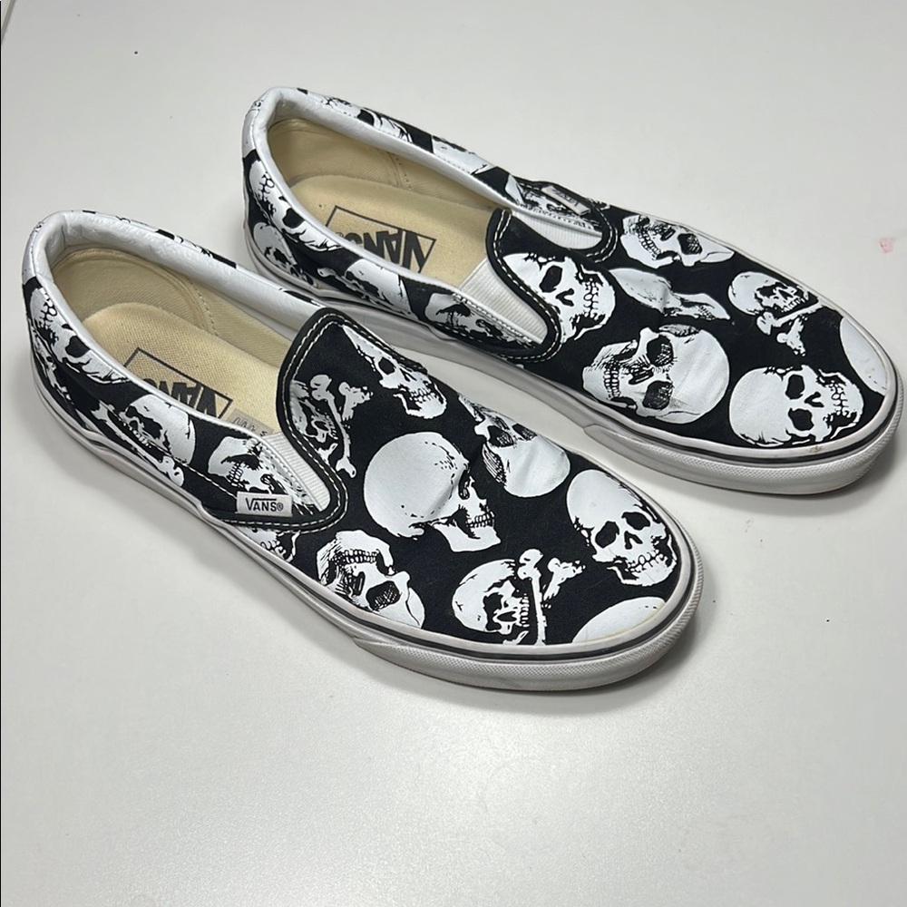 Vans Black and White Skull Slip-On Shoes